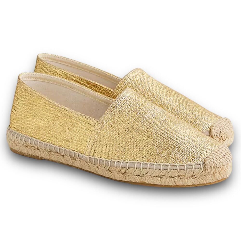 J Crew Shoes 11 Gold Flats‎ Made-in-Spain Espadrille Metallic Canvas Jute BT389